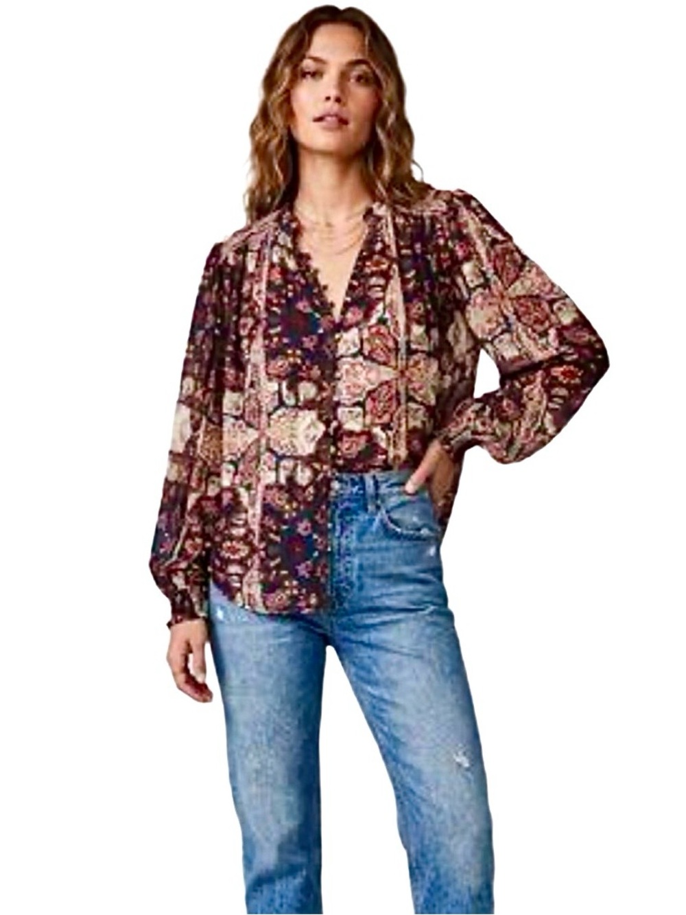 Anthropologie Estela Sheer Printed Blouse Medium Boho Rug Print Balloon Sleeve - Picture 3 of 16